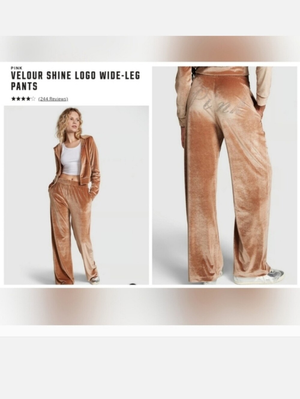 Victoria's secret pink velour shine logo wide-leg sweatpants XLARGE TAN